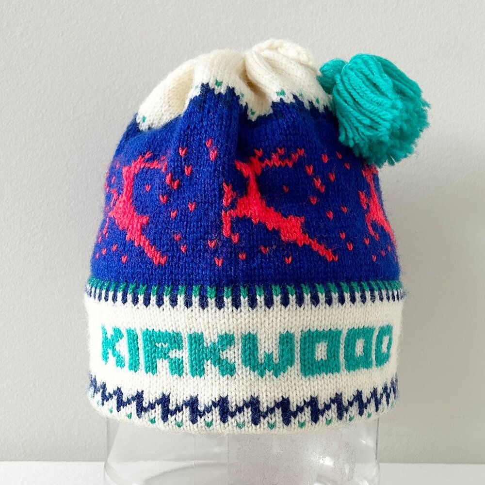 Vtg KIRKWOOD Ski Pom Beanie Hat Fair Isle Reindeer Retro Winter USA Youth Size